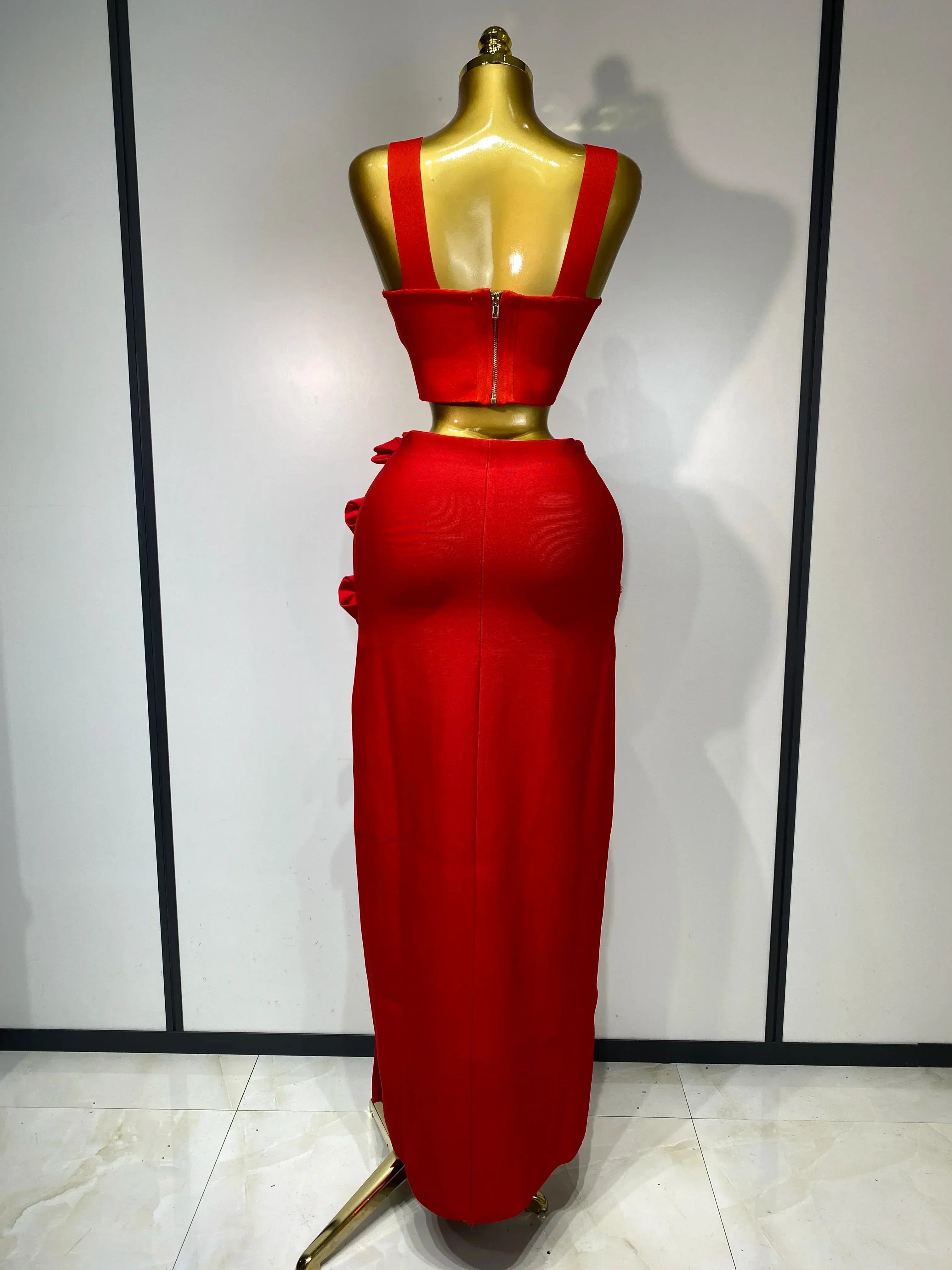 Red Two-Piece Sweetheart Neck Corset 3D Floral Floor-Length Prom Dress