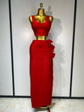 Red Two-Piece Sweetheart Neck Corset 3D Floral Floor-Length Prom Dress
