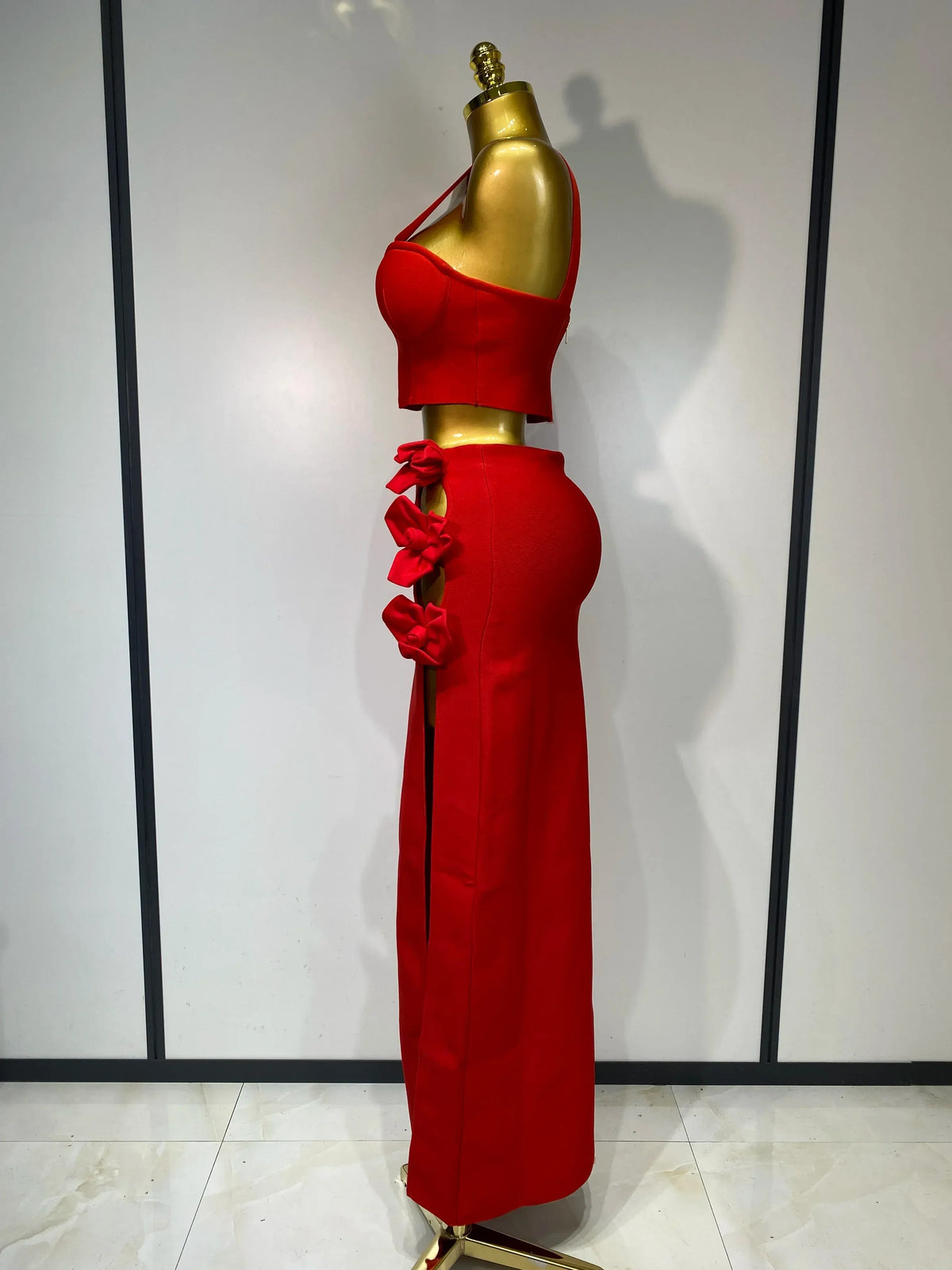 Red Two-Piece Sweetheart Neck Corset 3D Floral Floor-Length Prom Dress
