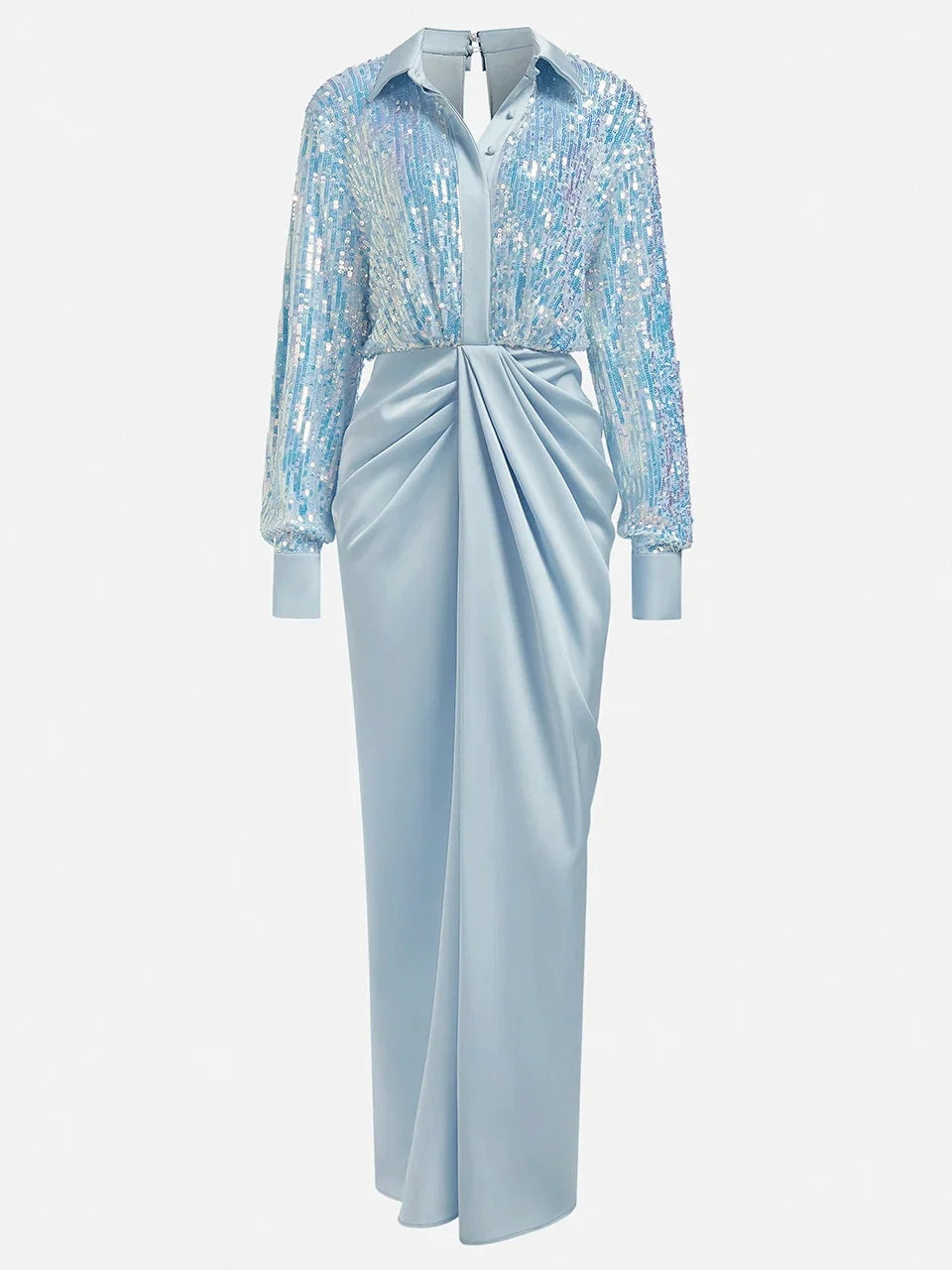 Timeless Chic Elegant Light Blue Satin Sheath Long Sleeve Floor-Length Prom Dress