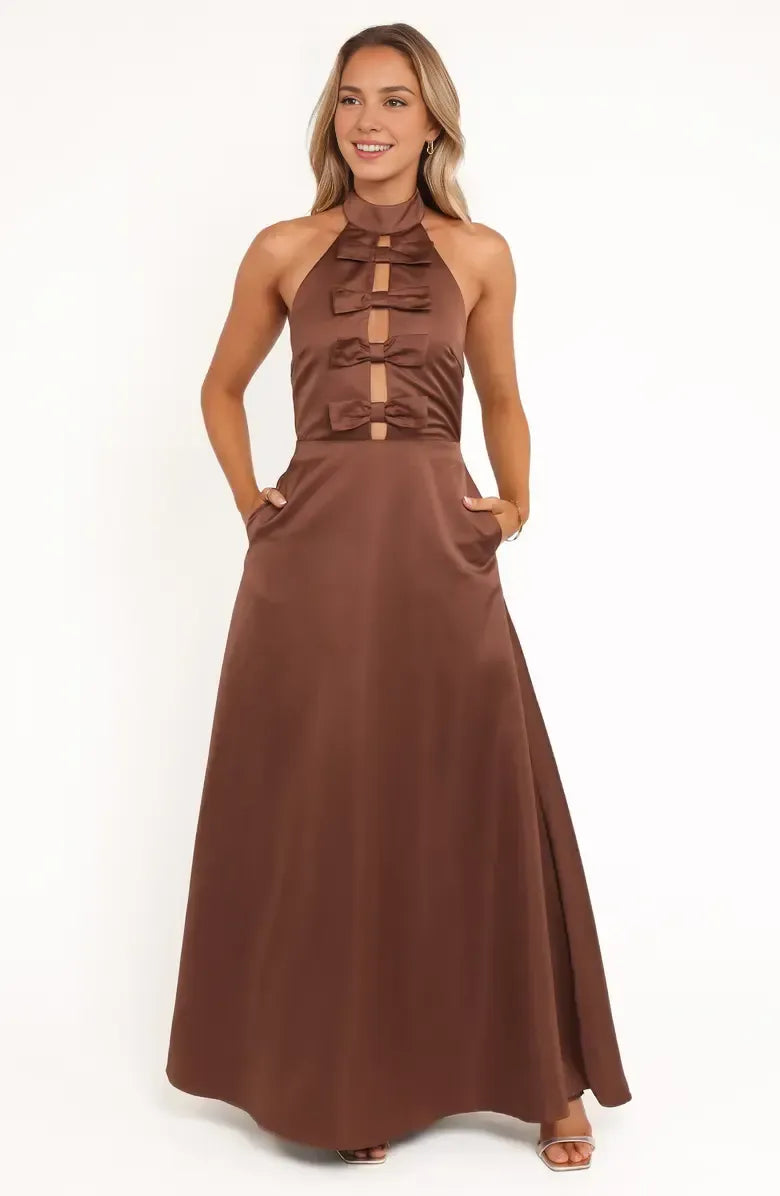 Refined Beautiful Elegant Chocolate Brown Satin A-Line Halter Sleeveless Floor-Length Prom Dress