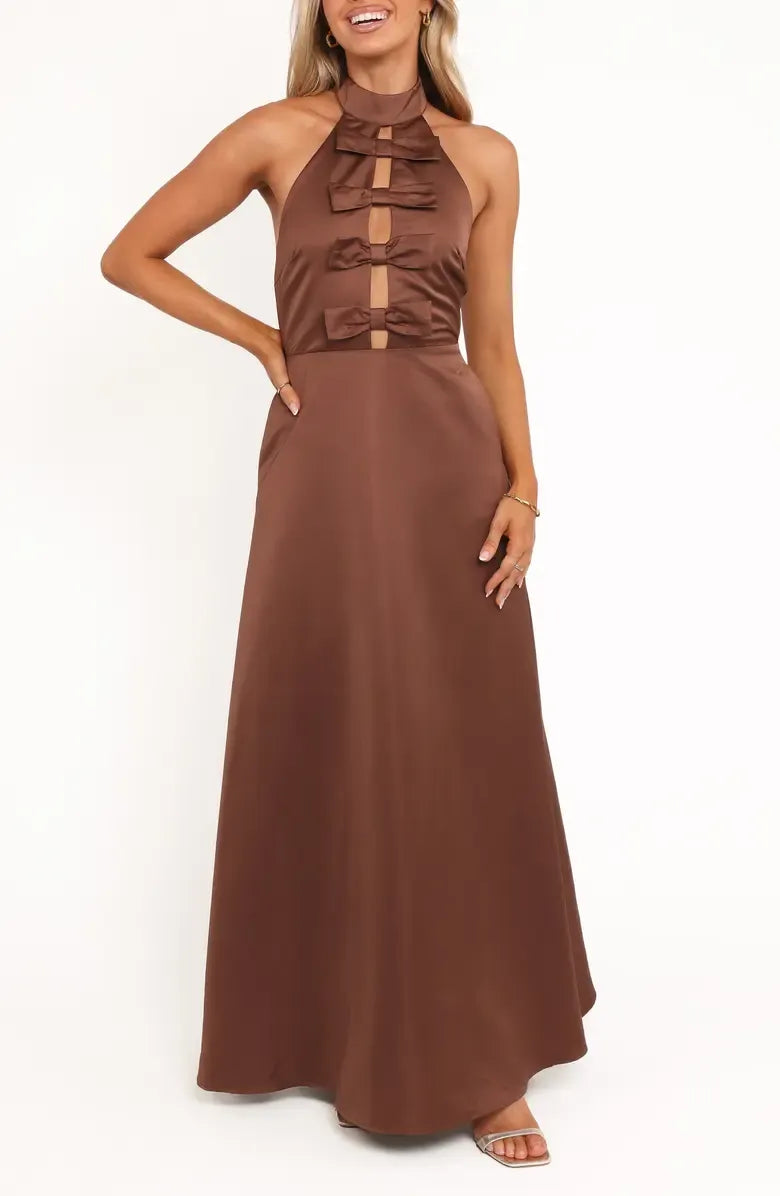 Refined Beautiful Elegant Chocolate Brown Satin A-Line Halter Sleeveless Floor-Length Prom Dress