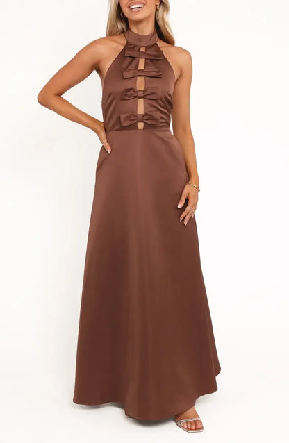 Refined Beautiful Elegant Chocolate Brown Satin A-Line Halter Sleeveless Floor-Length Prom Dress