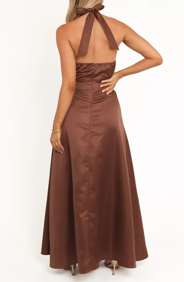 Refined Beautiful Elegant Chocolate Brown Satin A-Line Halter Sleeveless Floor-Length Prom Dress