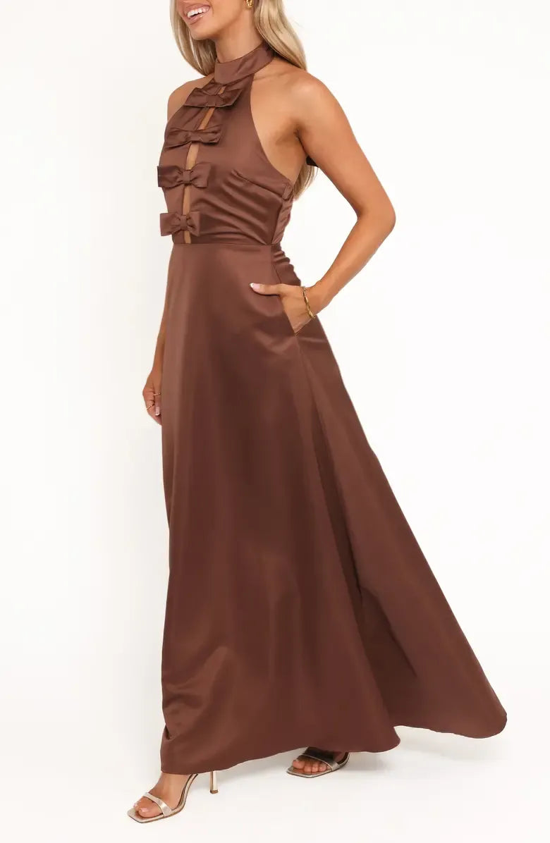 Refined Beautiful Elegant Chocolate Brown Satin A-Line Halter Sleeveless Floor-Length Prom Dress
