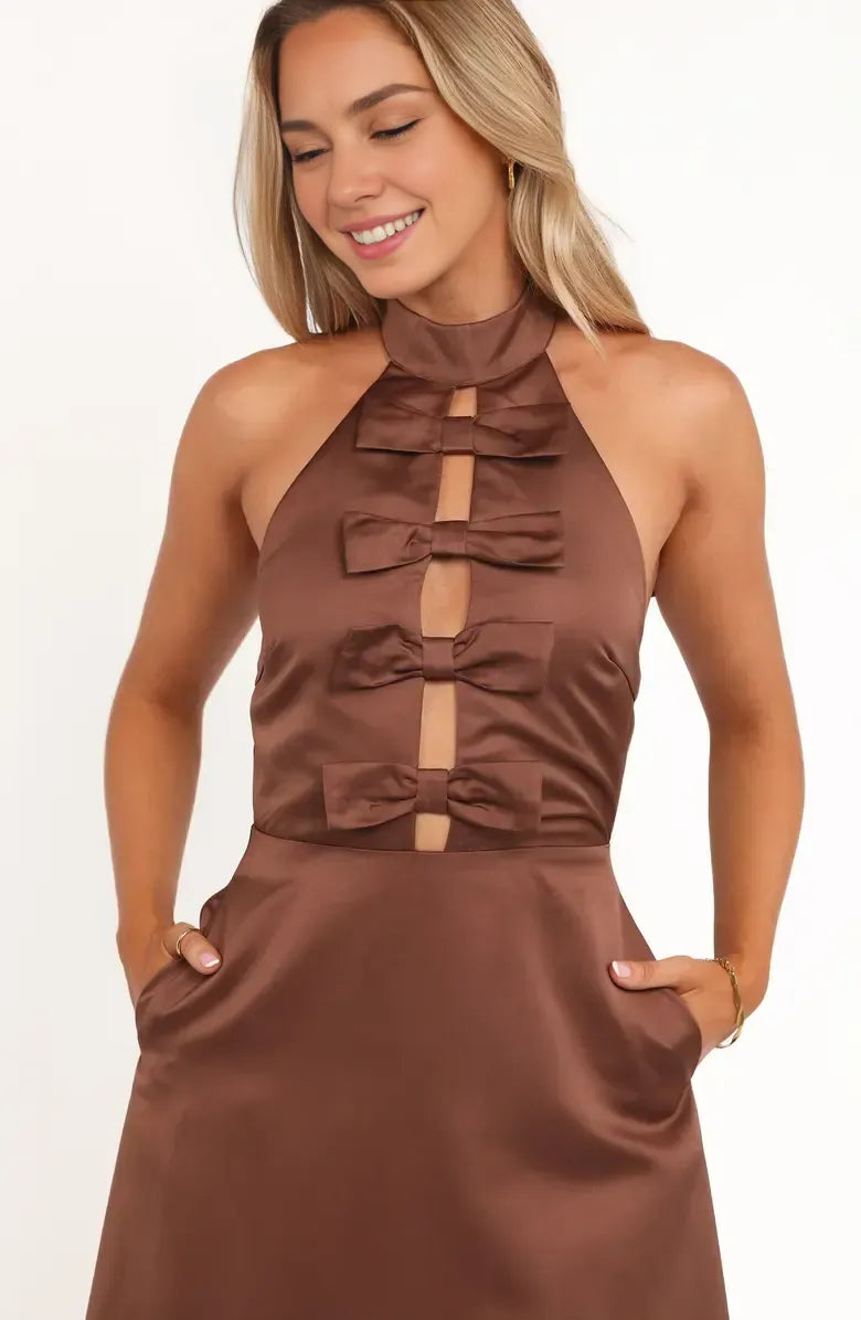 Refined Beautiful Elegant Chocolate Brown Satin A-Line Halter Sleeveless Floor-Length Prom Dress