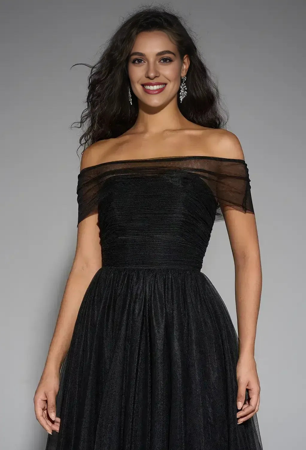 Sophisticated Graceful Stylish Refined Beautiful Elegant Black Tulle A-Line Sleeveless Prom Dress