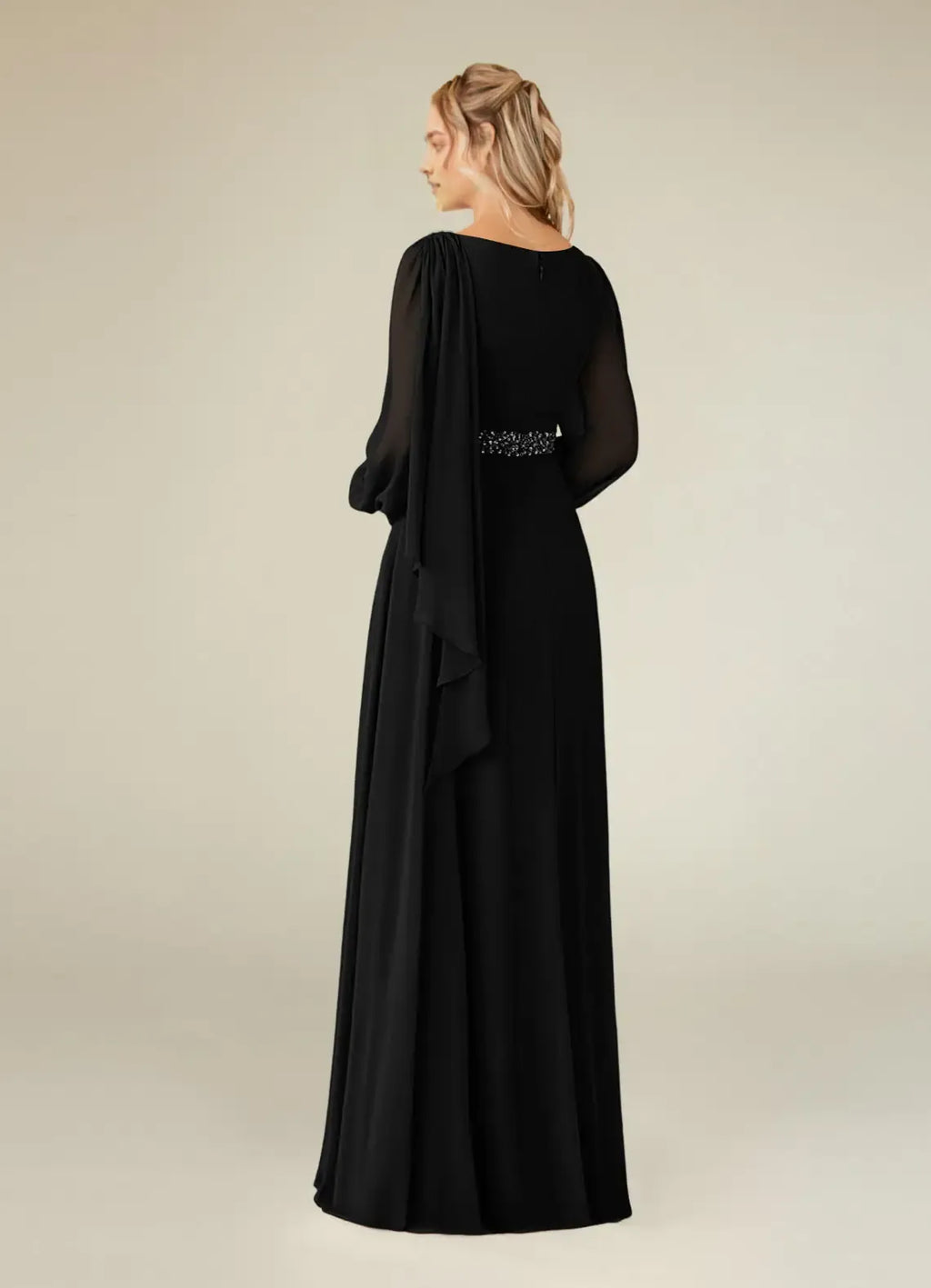Black Unique A-Line Boatneck Pleated Mother of the Bride Dresess Sophisticated Sheer Sleeves Boat Neckline Draped Ruched Detailing Sparkling Waistband