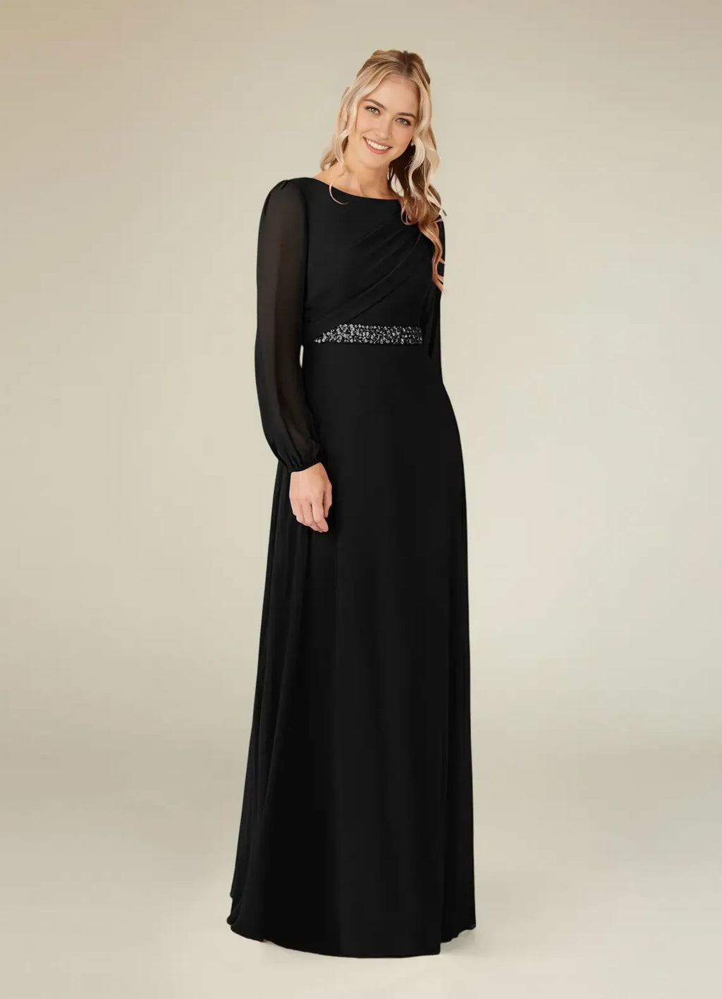 Black Unique A-Line Boatneck Pleated Mother of the Bride Dresess Sophisticated Sheer Sleeves Boat Neckline Draped Ruched Detailing Sparkling Waistband