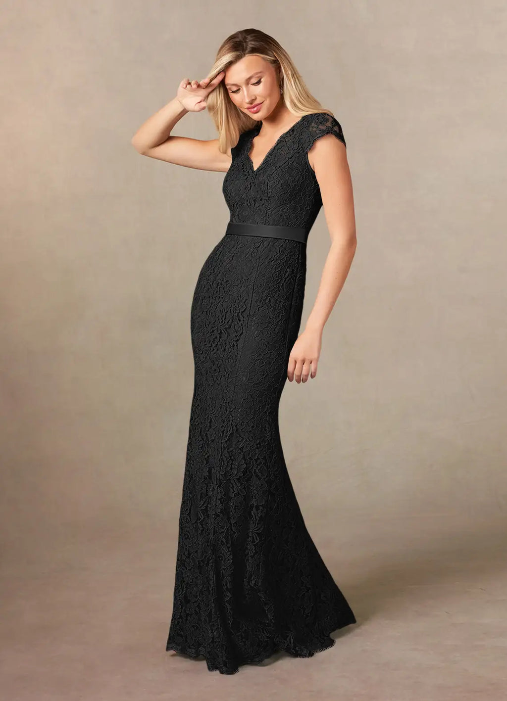 Black Unique Mermaid Mother of the Bride Dresses with V - Neckline Cap Sleeves and Slim Waistband
