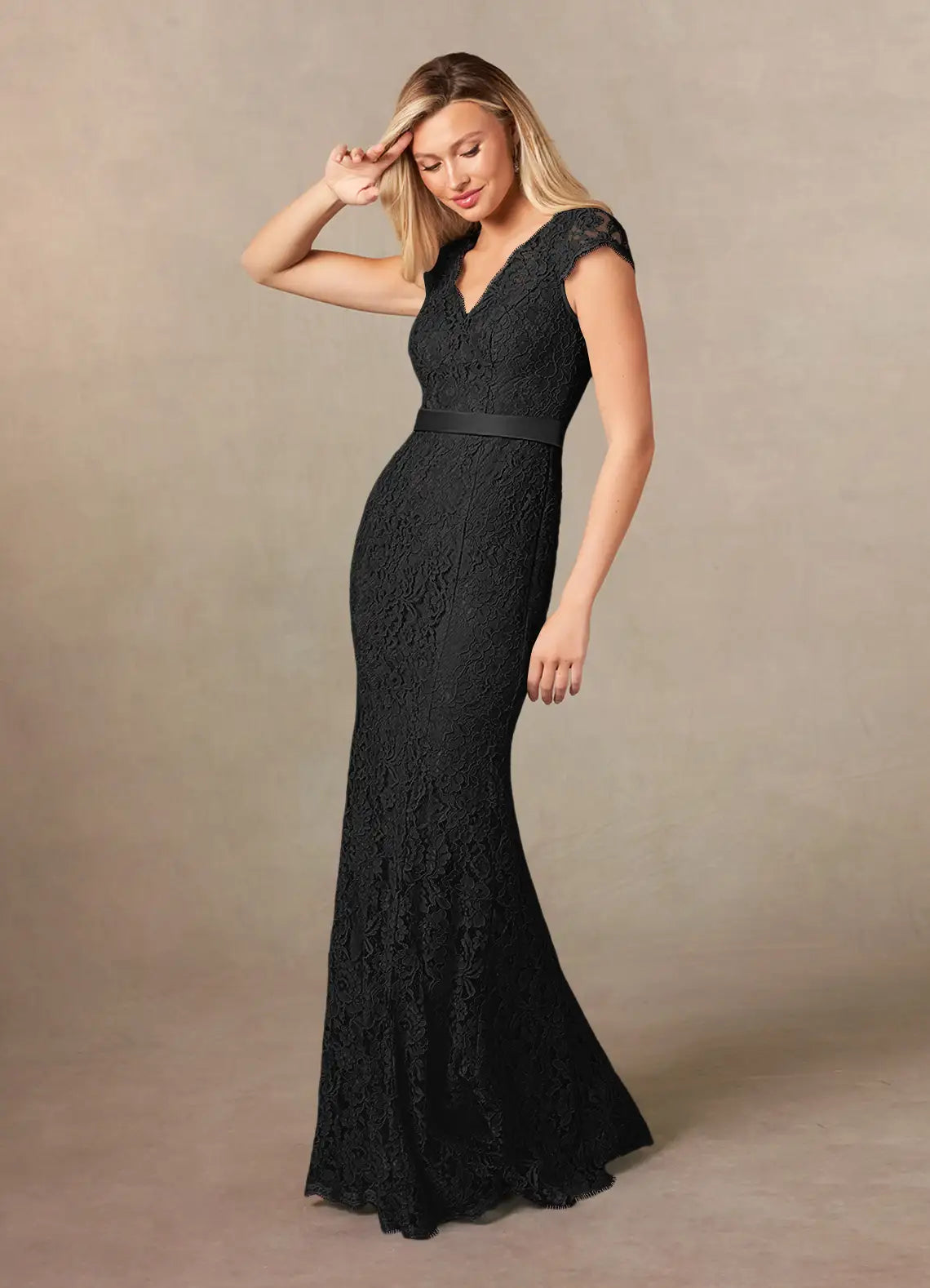 Black Unique Mermaid Mother of the Bride Dresses with V - Neckline Cap Sleeves and Slim Waistband