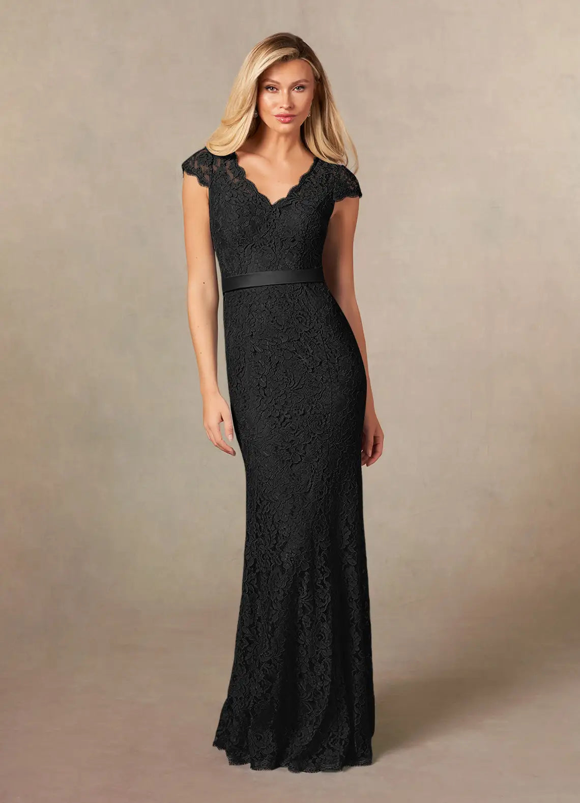 Black Unique Mermaid Mother of the Bride Dresses with V - Neckline Cap Sleeves and Slim Waistband