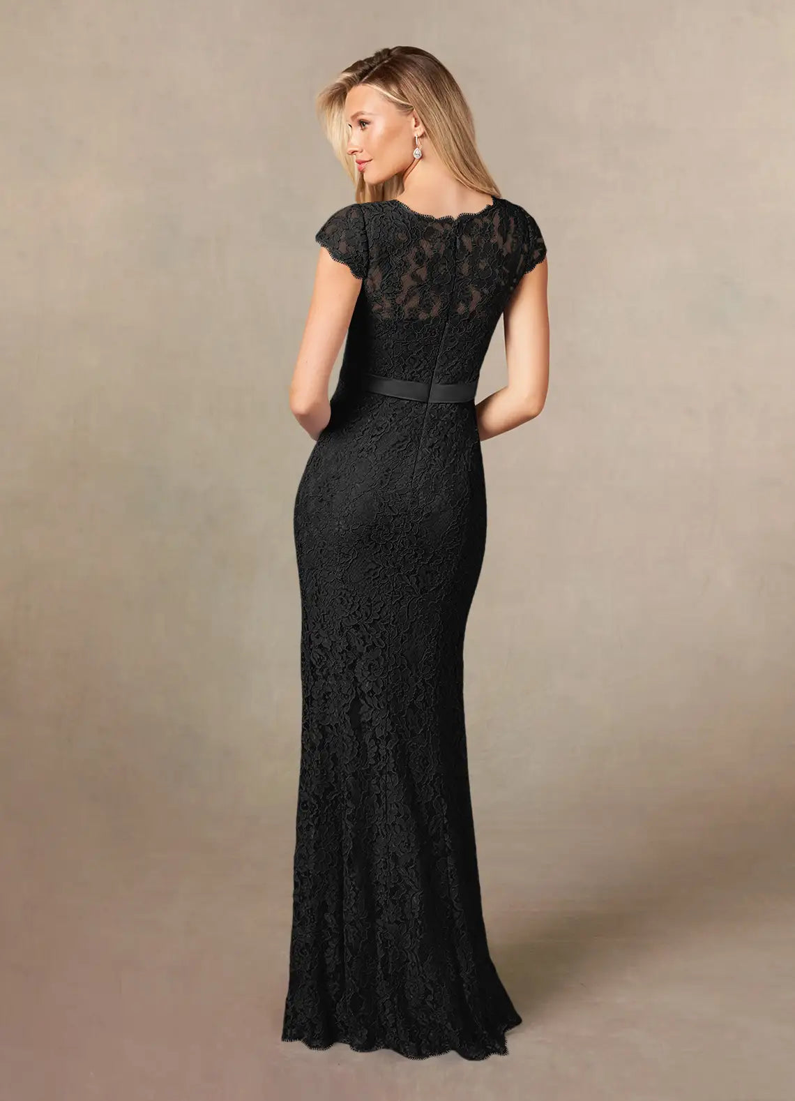 Black Unique Mermaid Mother of the Bride Dresses with V - Neckline Cap Sleeves and Slim Waistband