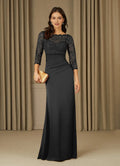 Black Unique Mother of the Bride Dreses Sophisticated Sheer 3/4 Sleeves Illusion Neckline Intricate Detailing Timeless Mermaid Design