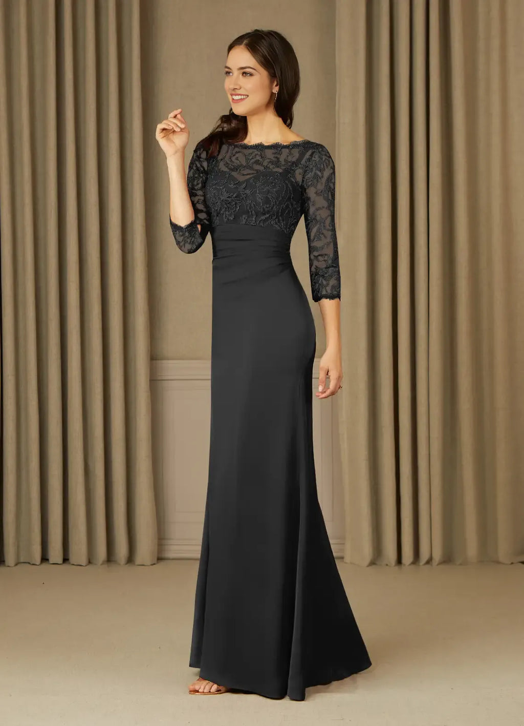 Black Unique Mother of the Bride Dreses Sophisticated Sheer 3/4 Sleeves Illusion Neckline Intricate Detailing Timeless Mermaid Design
