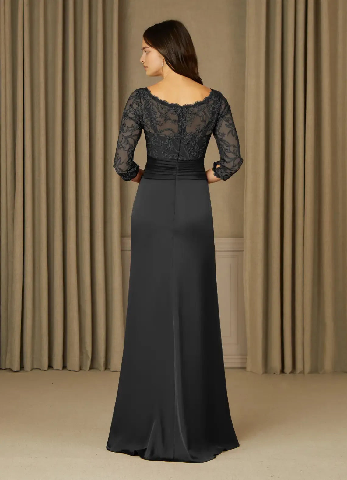 Black Unique Mother of the Bride Dreses Sophisticated Sheer 3/4 Sleeves Illusion Neckline Intricate Detailing Timeless Mermaid Design