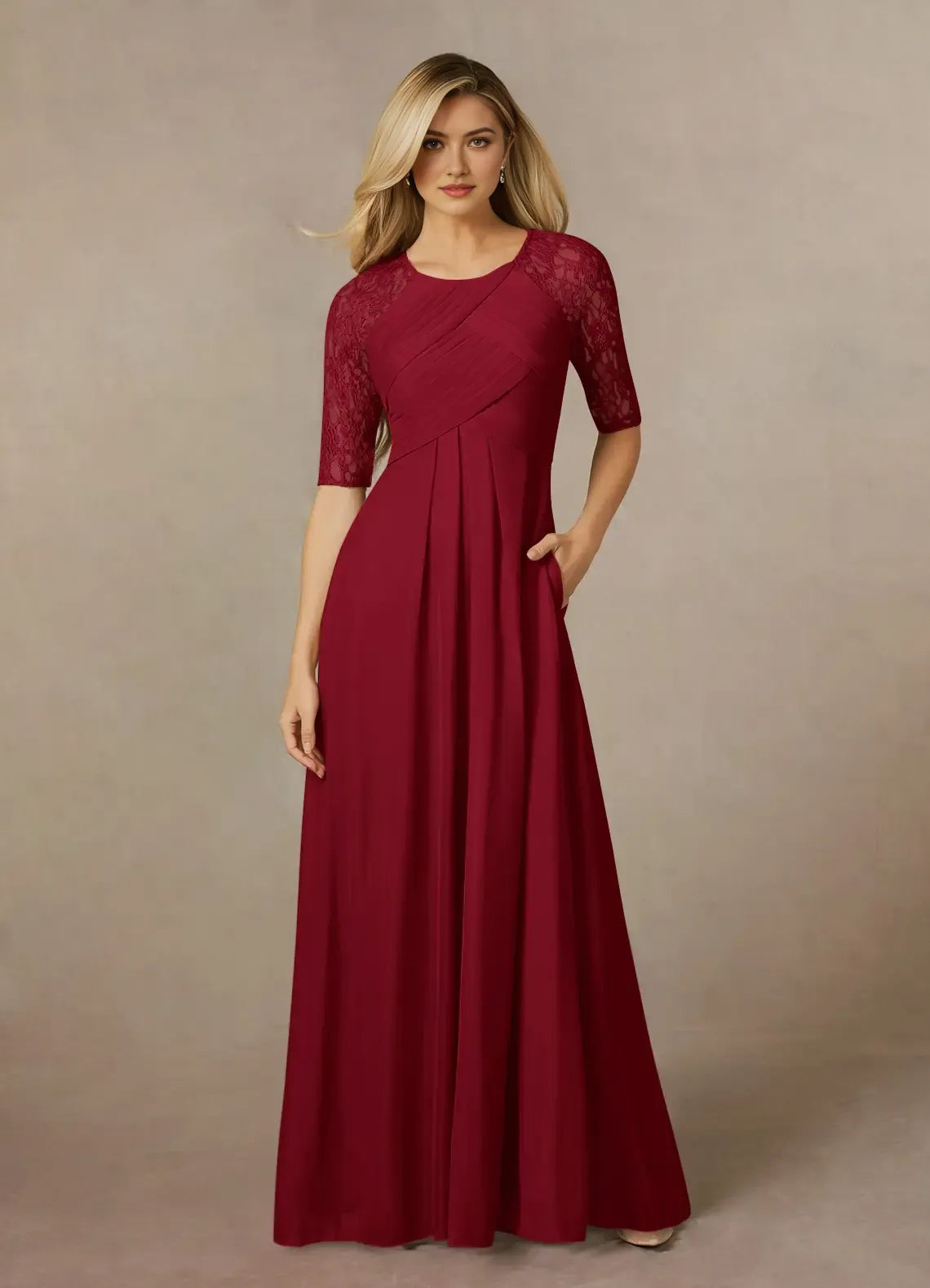 Burgundy Unique A-Line Mother of the Bride Dresses Sophisticated Sheer Flutter Sleeves Plunging V - Neck Intricate Draped Ruffle