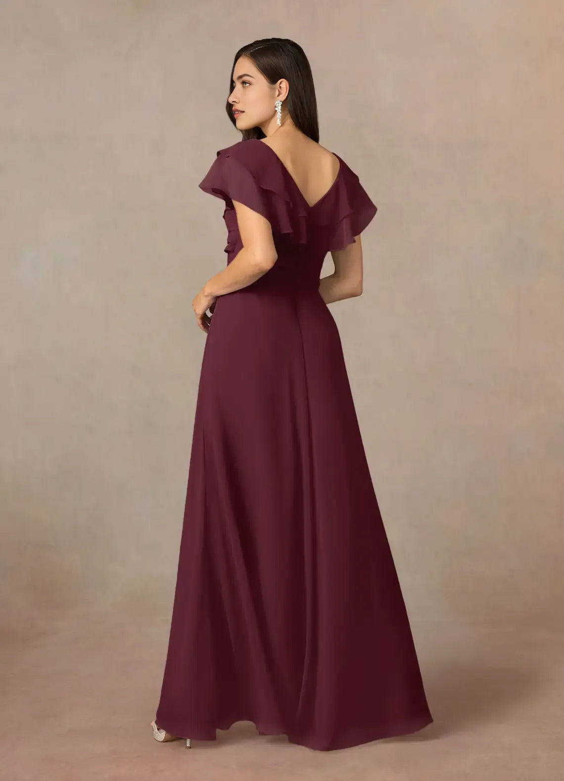 Unique Cabernet A-Line V-Neck Ruched Mother of the Bride Dresses with Ruffled Flutter Sleeves Asymmetric Draped Accents Sparkling Brooch