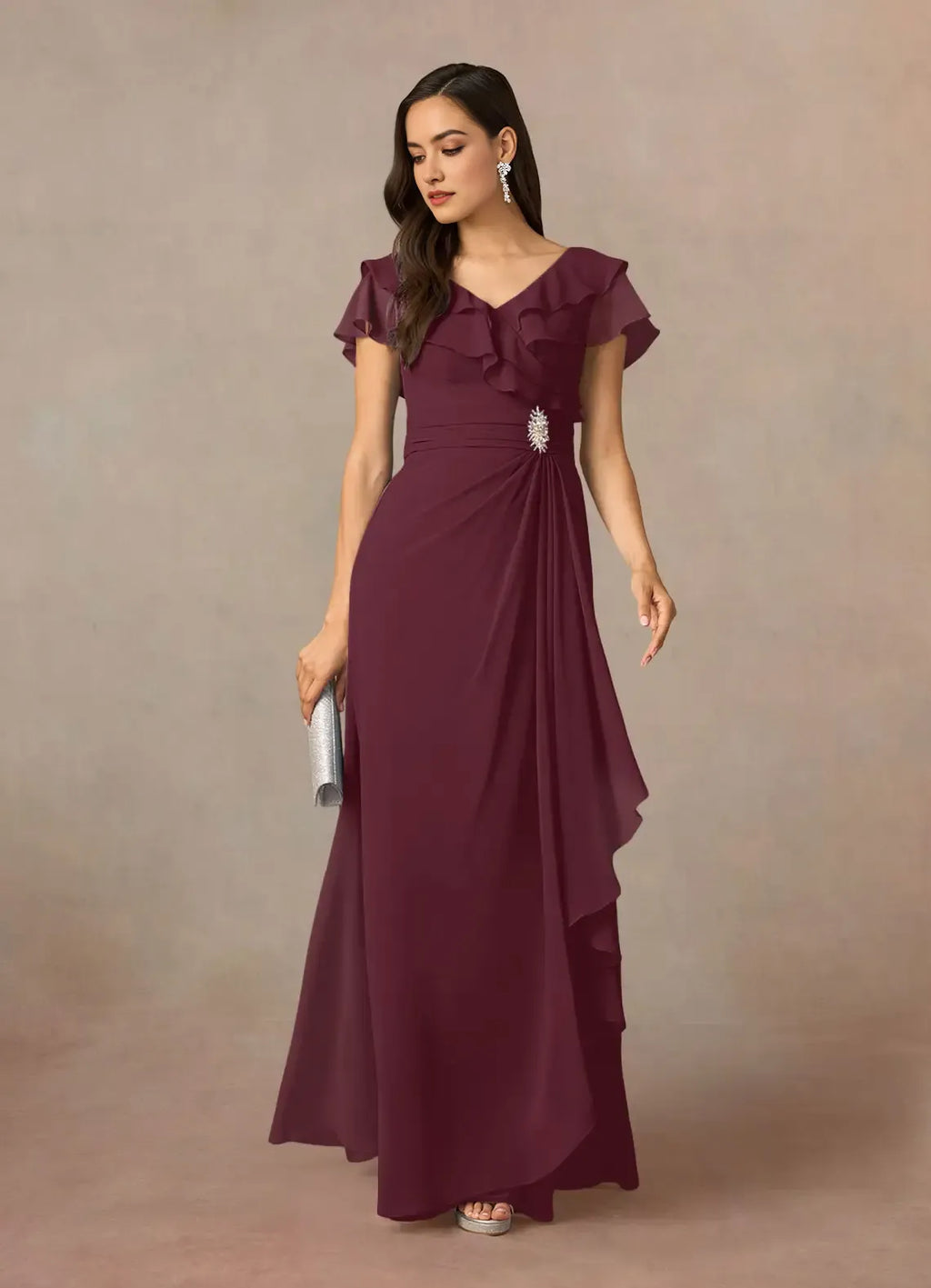 Unique Cabernet A-Line V-Neck Ruched Mother of the Bride Dresses with Ruffled Flutter Sleeves Asymmetric Draped Accents Sparkling Brooch