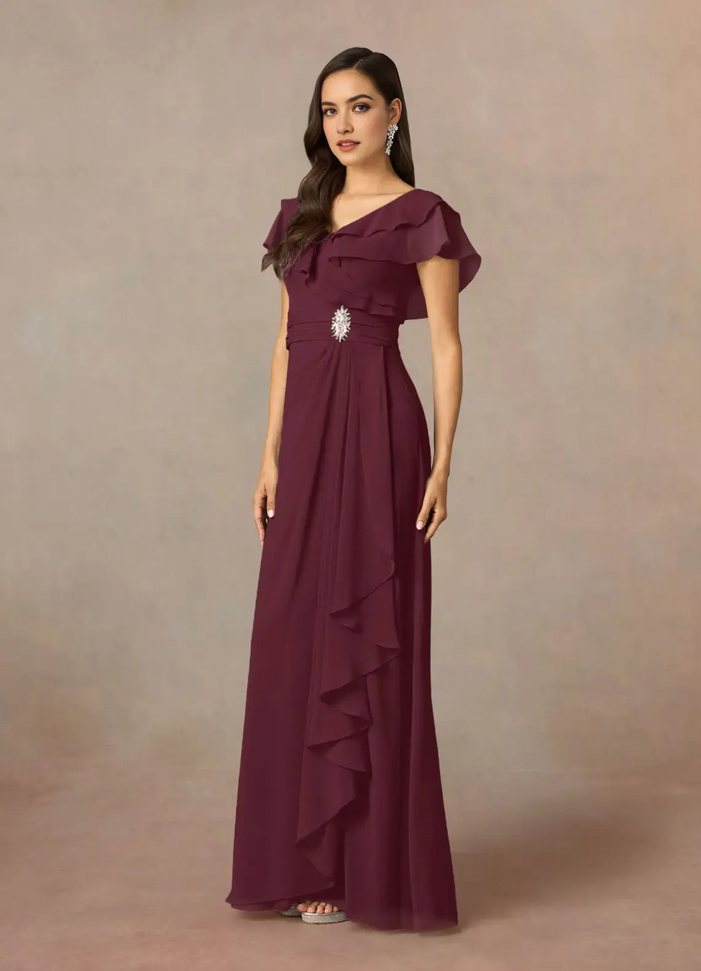 Unique Cabernet A-Line V-Neck Ruched Mother of the Bride Dresses with Ruffled Flutter Sleeves Asymmetric Draped Accents Sparkling Brooch