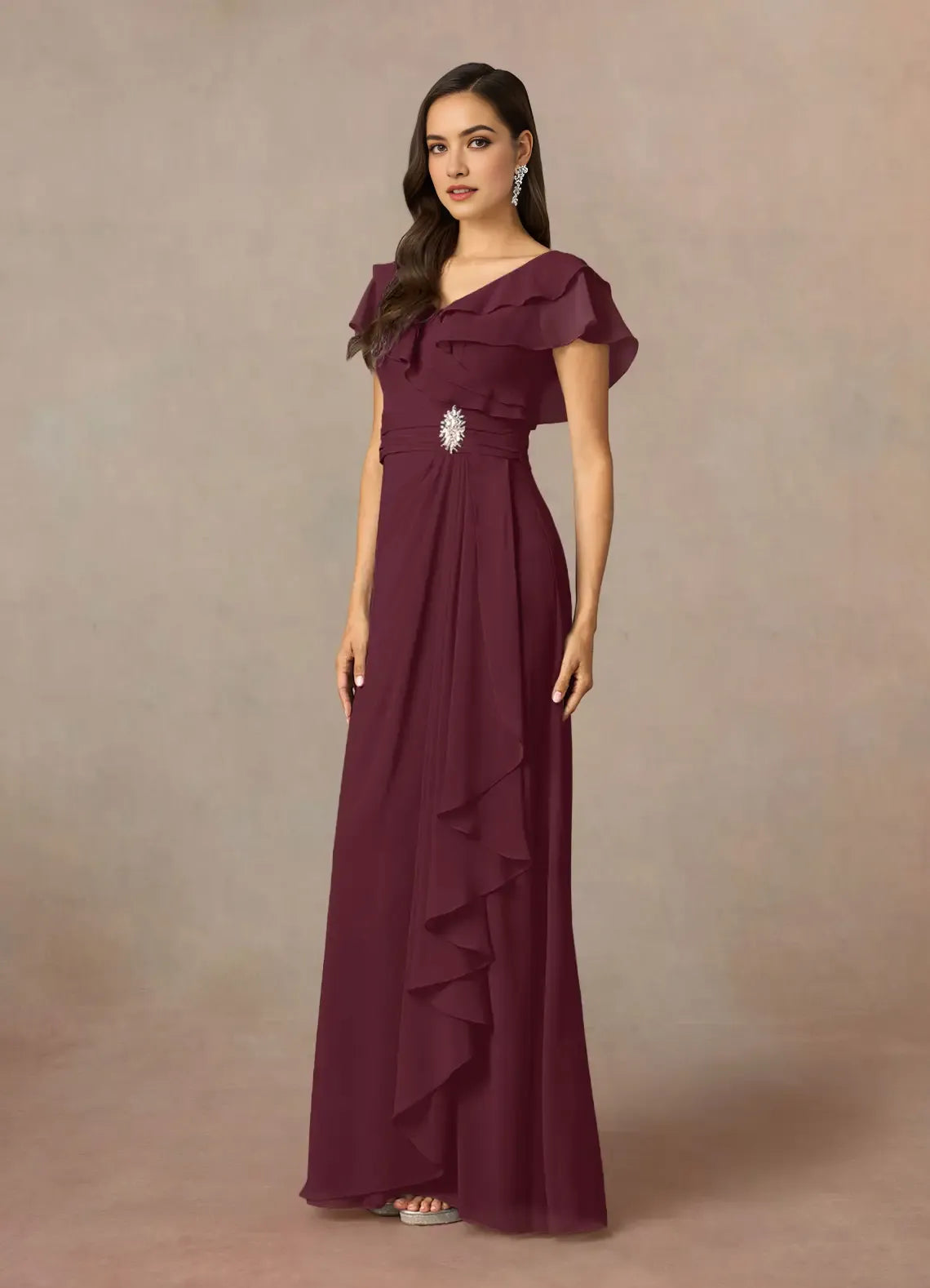 Unique Cabernet A-Line V-Neck Ruched Mother of the Bride Dresses with Ruffled Flutter Sleeves Asymmetric Draped Accents Sparkling Brooch