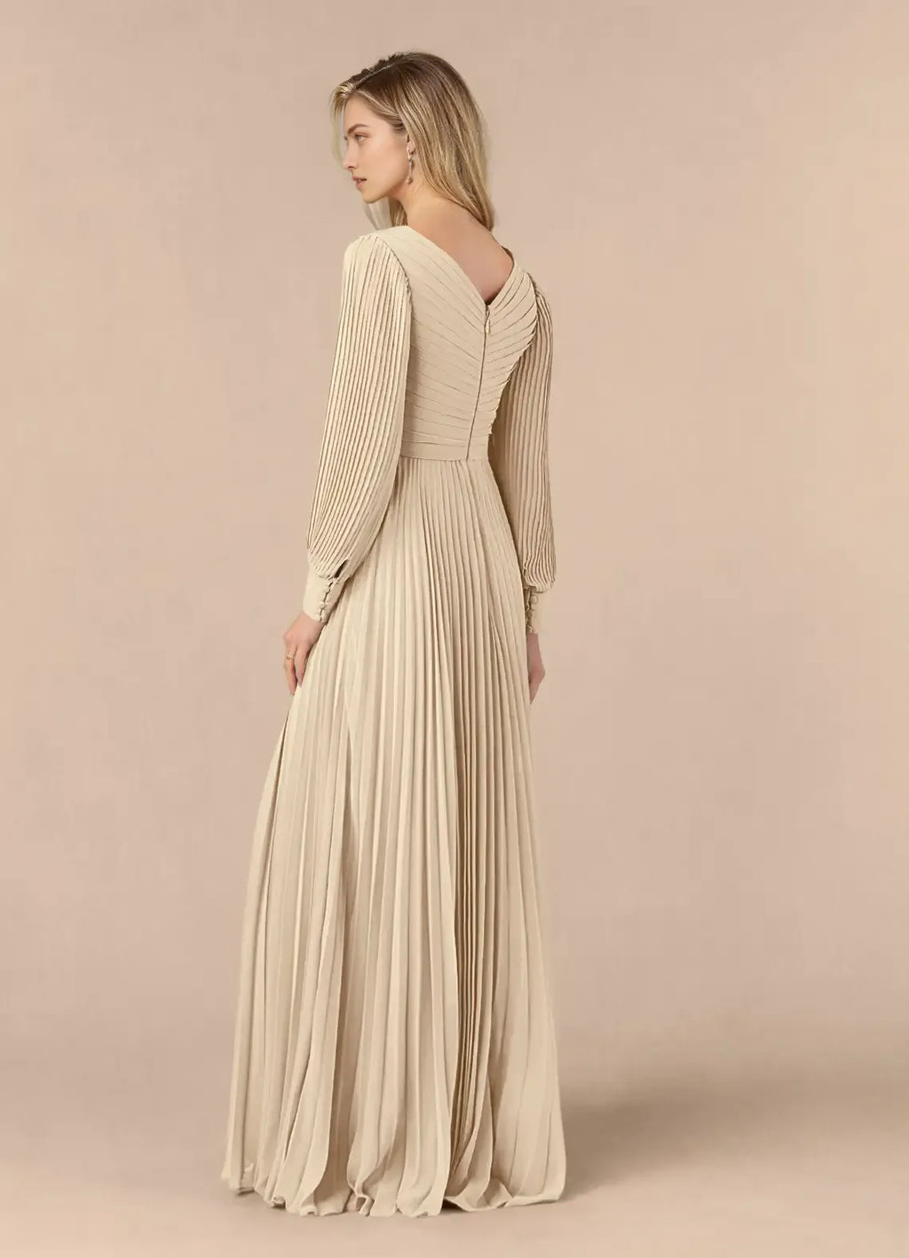 Champagne Unique A-Line Pleated long sleeve Mother of the Bride Dresses Sophisticated Plunging V - Neck Pleated Silhouette Sheer
