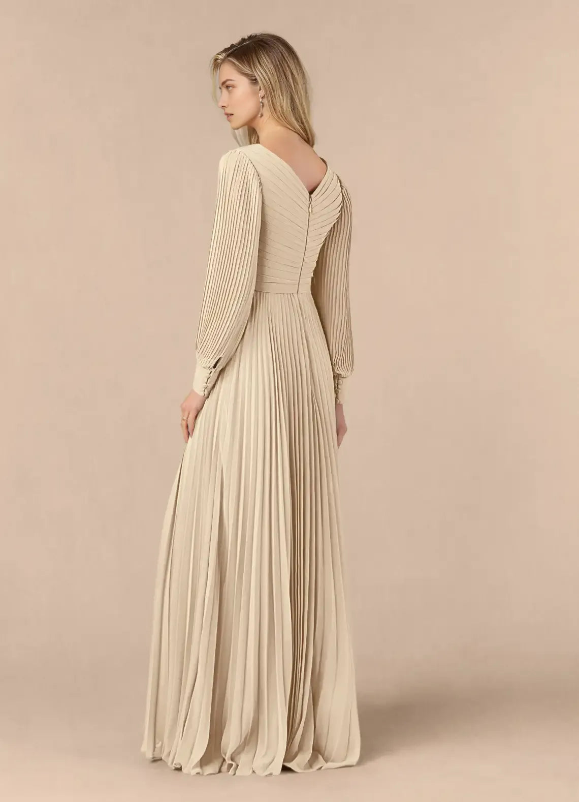 Champagne Unique A-Line Pleated long sleeve Mother of the Bride Dresses Sophisticated Plunging V - Neck Pleated Silhouette Sheer
