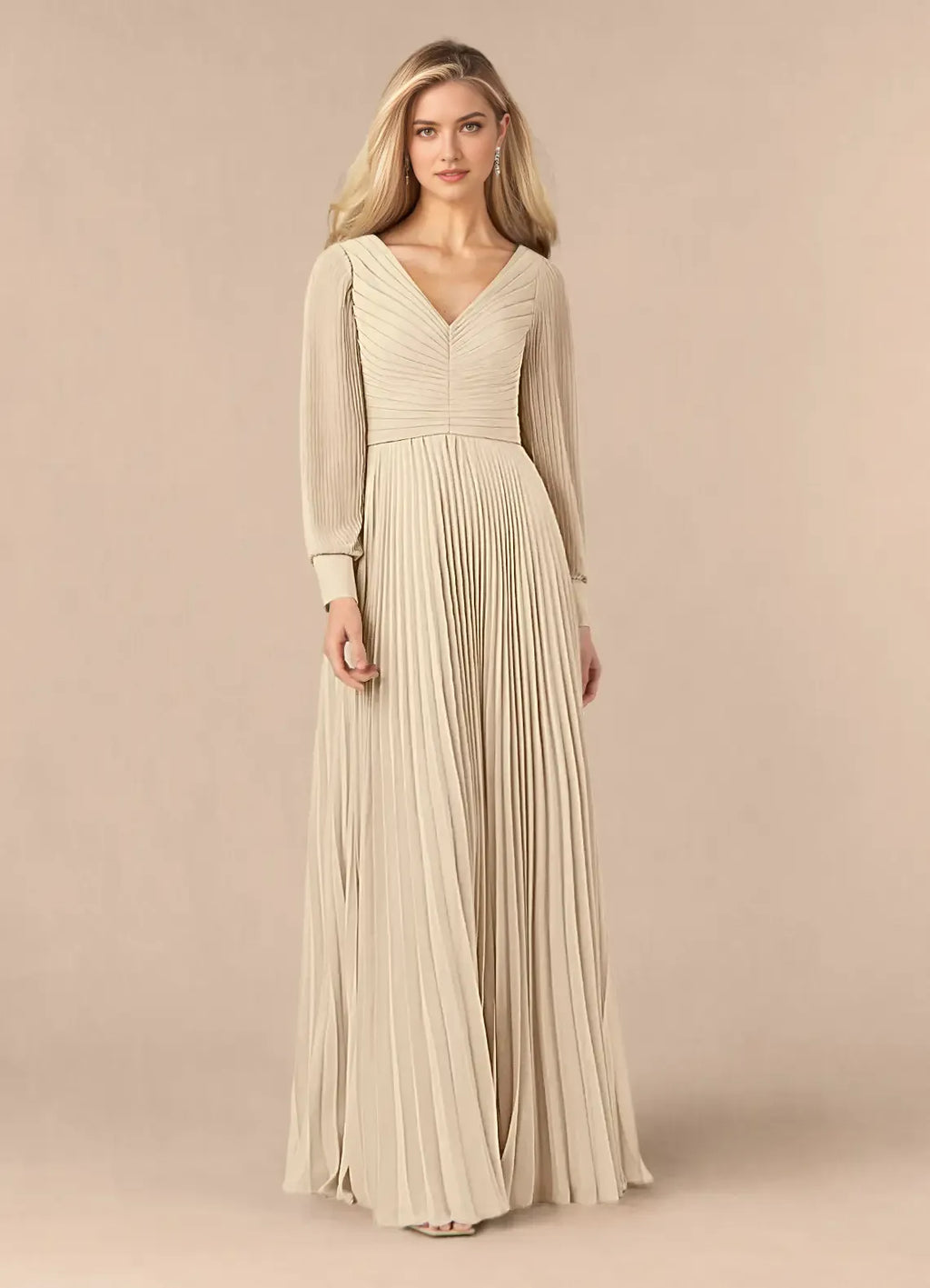 Champagne Unique A-Line Pleated long sleeve Mother of the Bride Dresses Sophisticated Plunging V - Neck Pleated Silhouette Sheer