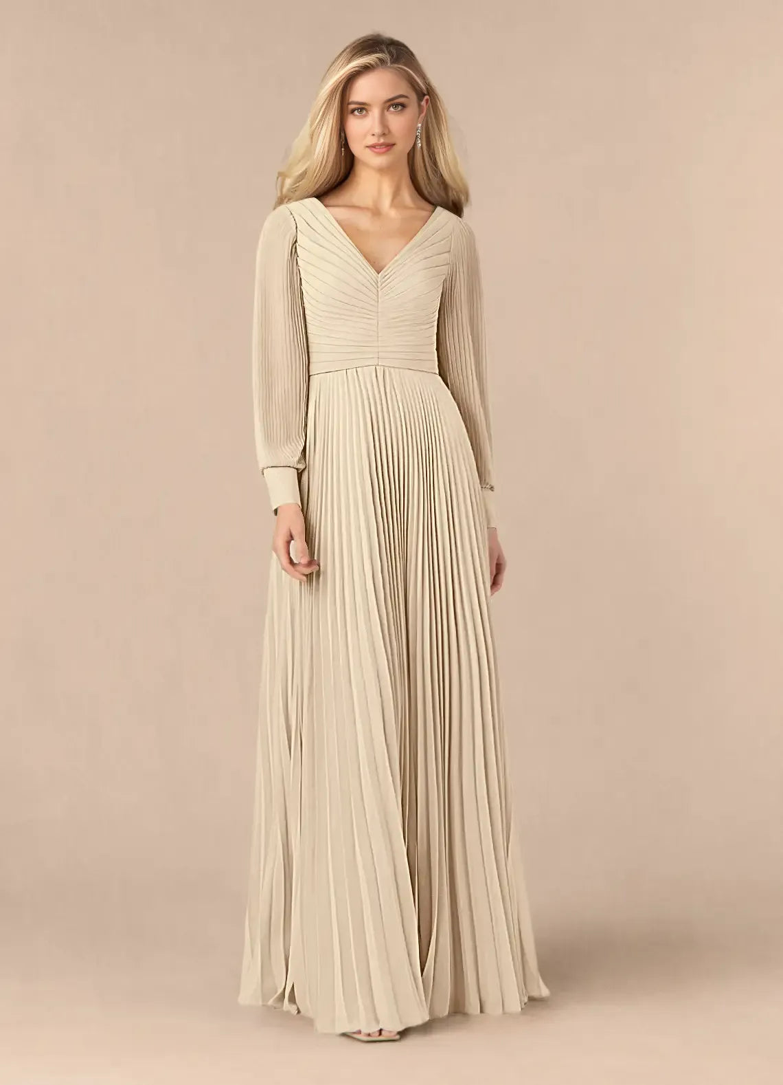 Champagne Unique A-Line Pleated long sleeve Mother of the Bride Dresses Sophisticated Plunging V - Neck Pleated Silhouette Sheer