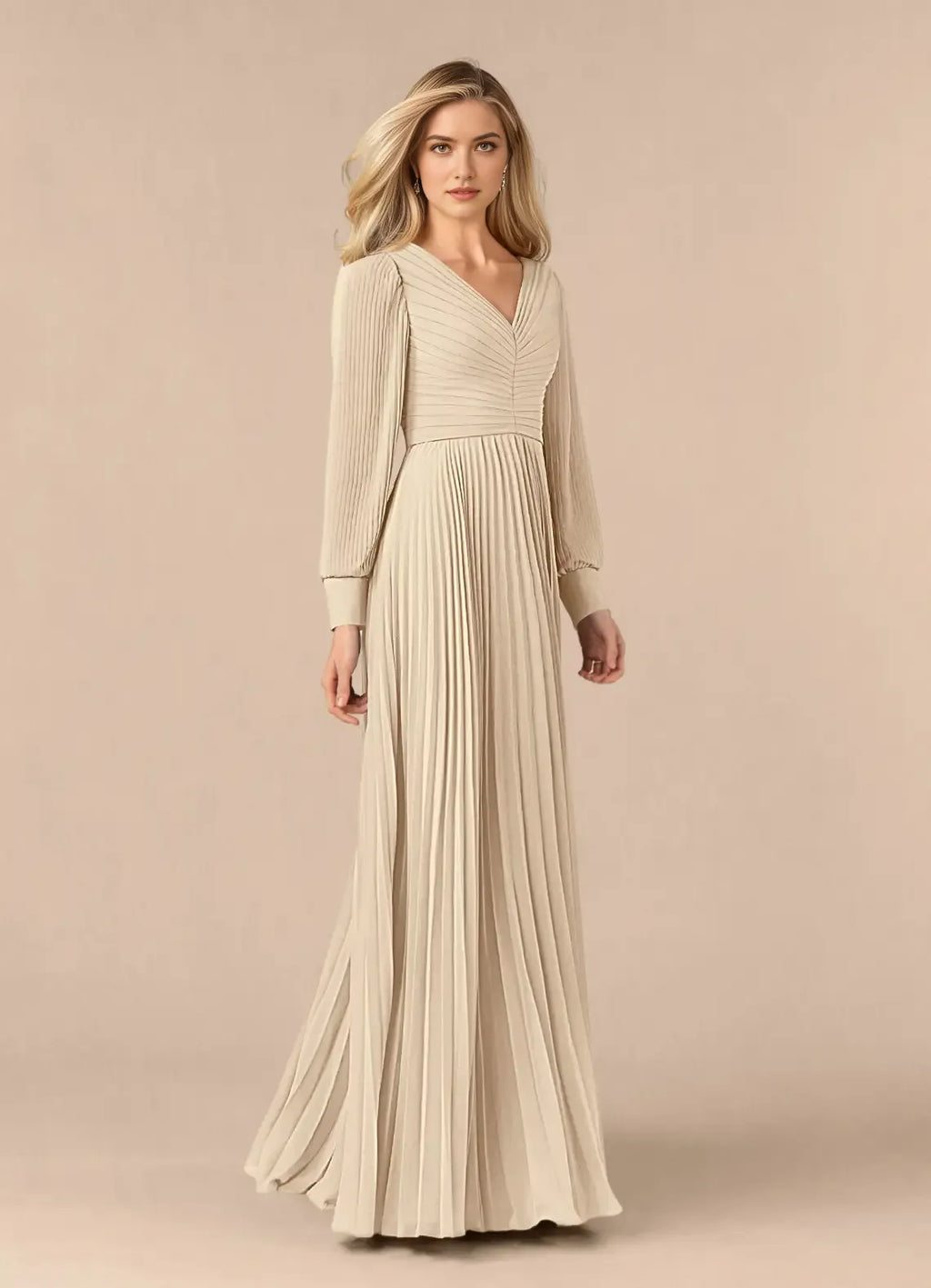 Champagne Unique A-Line Pleated long sleeve Mother of the Bride Dresses Sophisticated Plunging V - Neck Pleated Silhouette Sheer