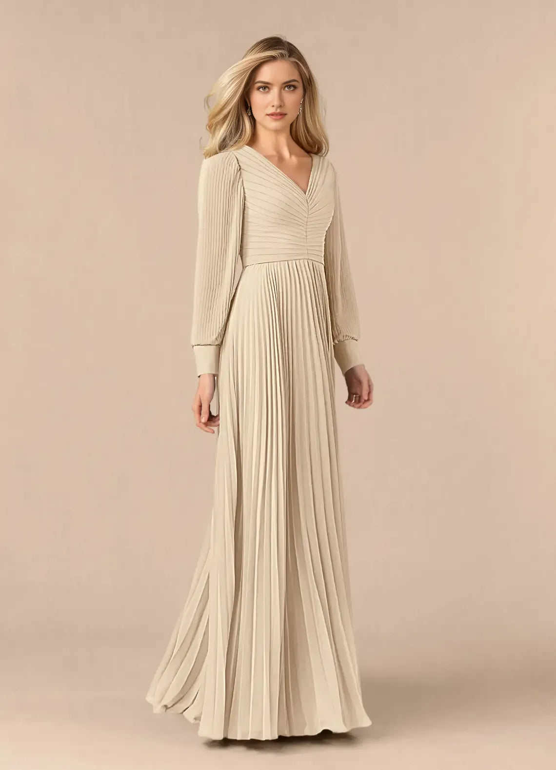 Champagne Unique A-Line Pleated long sleeve Mother of the Bride Dresses Sophisticated Plunging V - Neck Pleated Silhouette Sheer