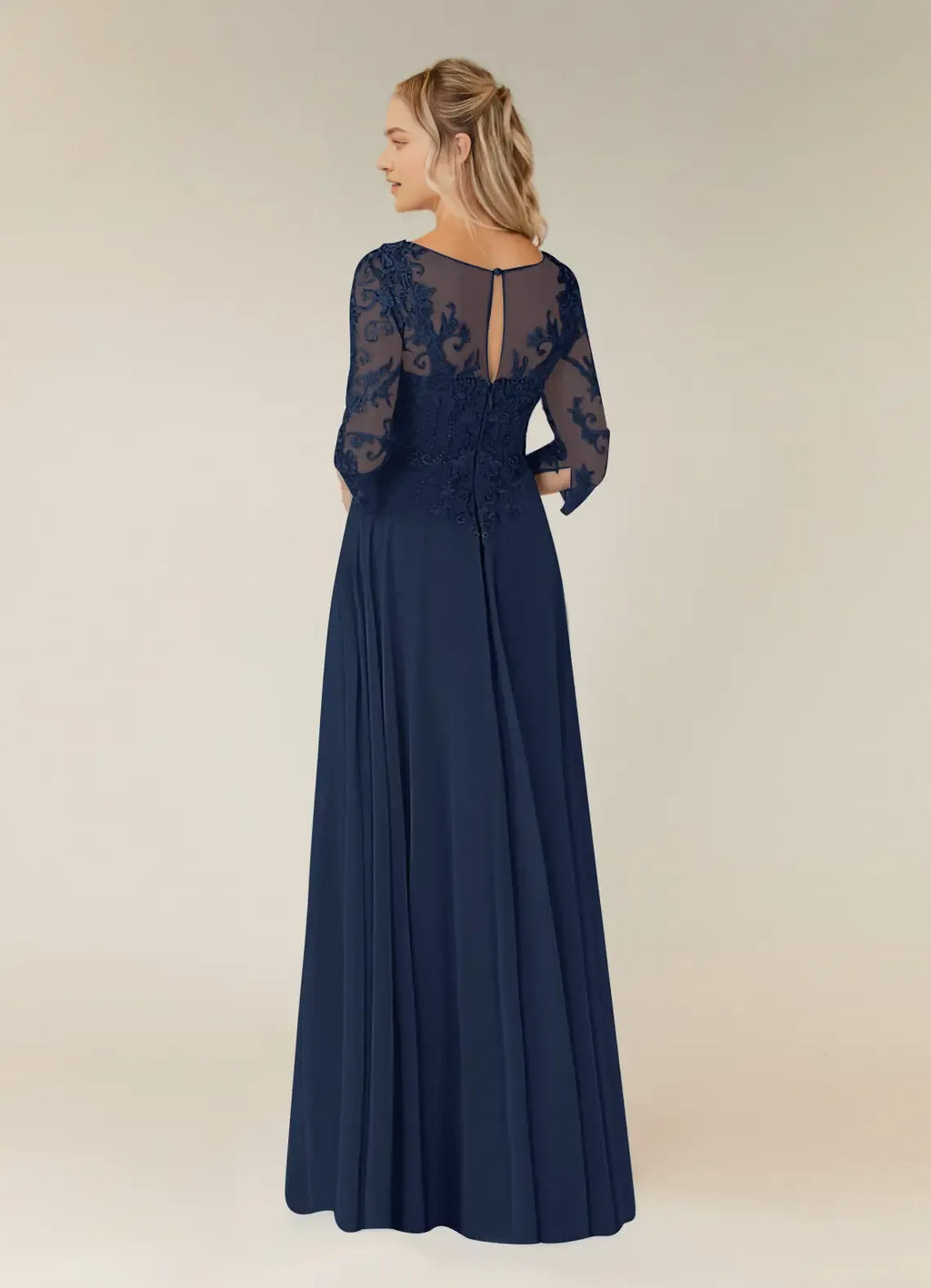 Navy Unique Dark A-Line Mother of the Bride Dresses V-Neck Intricate Detailing Sheer 3/4 Sleeves Draped Accents Slit Design