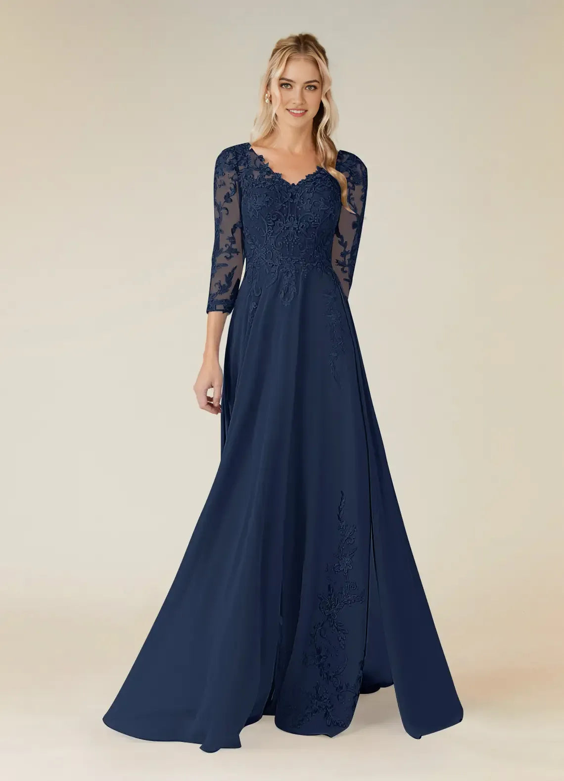 Navy Unique Dark A-Line Mother of the Bride Dresses V-Neck Intricate Detailing Sheer 3/4 Sleeves Draped Accents Slit Design