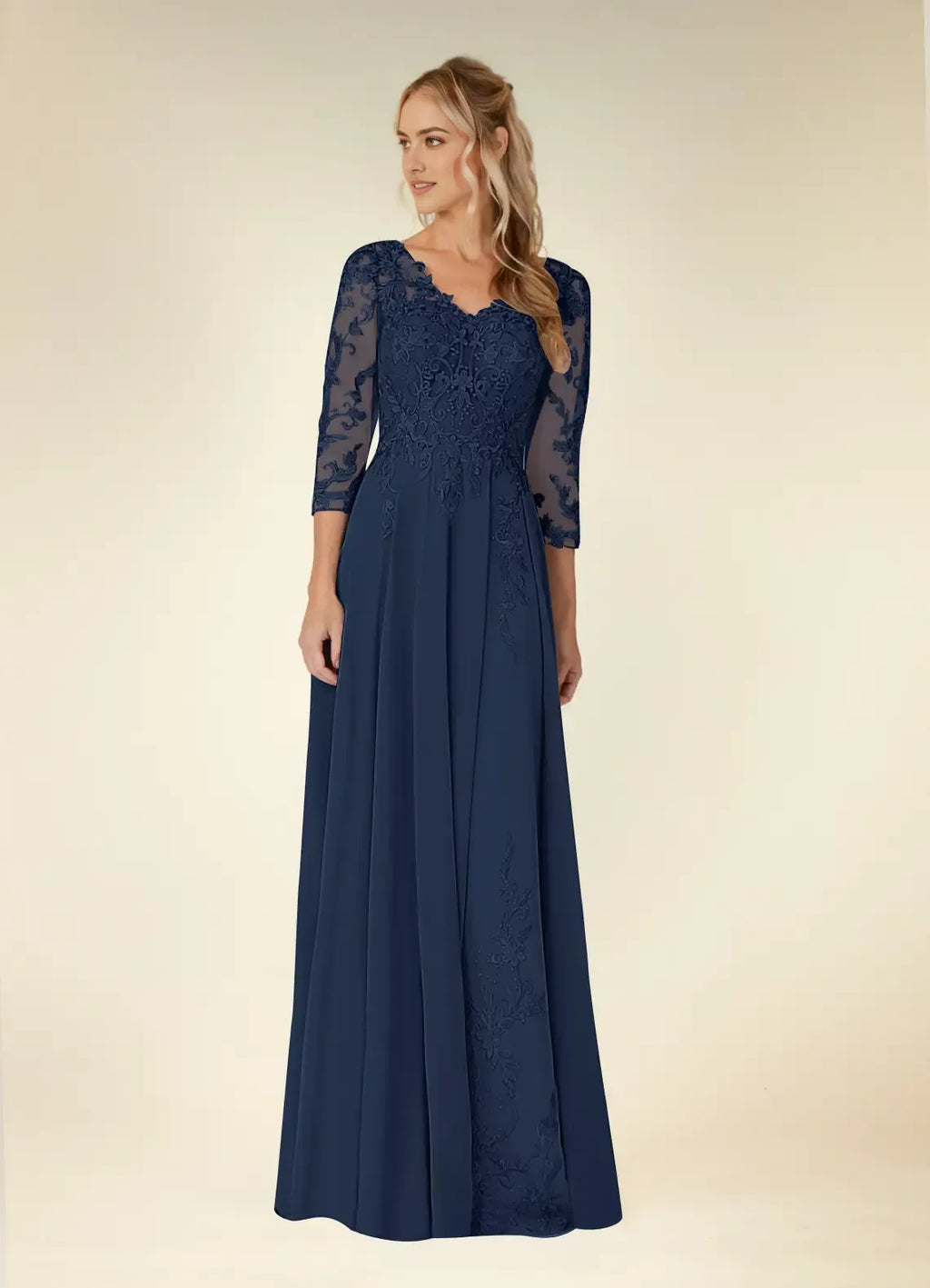 Navy Unique Dark A-Line Mother of the Bride Dresses V-Neck Intricate Detailing Sheer 3/4 Sleeves Draped Accents Slit Design