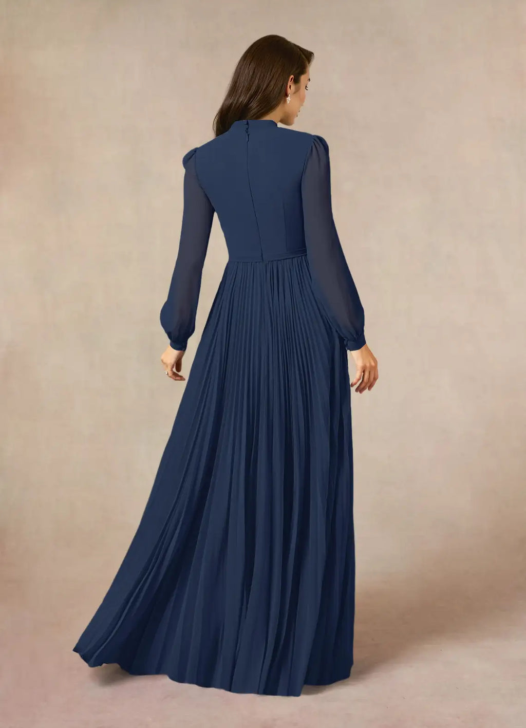Navy Unique Dark A-Line Pleated Mother of the Bride Dresses Sophisticated Tie Neckline Sheer Long Sleeves Button Accented Detailing