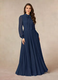Navy Unique Dark A-Line Pleated Mother of the Bride Dresses Sophisticated Tie Neckline Sheer Long Sleeves Button Accented Detailing