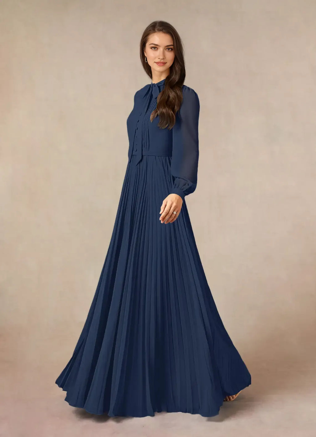 Navy Unique Dark A-Line Pleated Mother of the Bride Dresses Sophisticated Tie Neckline Sheer Long Sleeves Button Accented Detailing