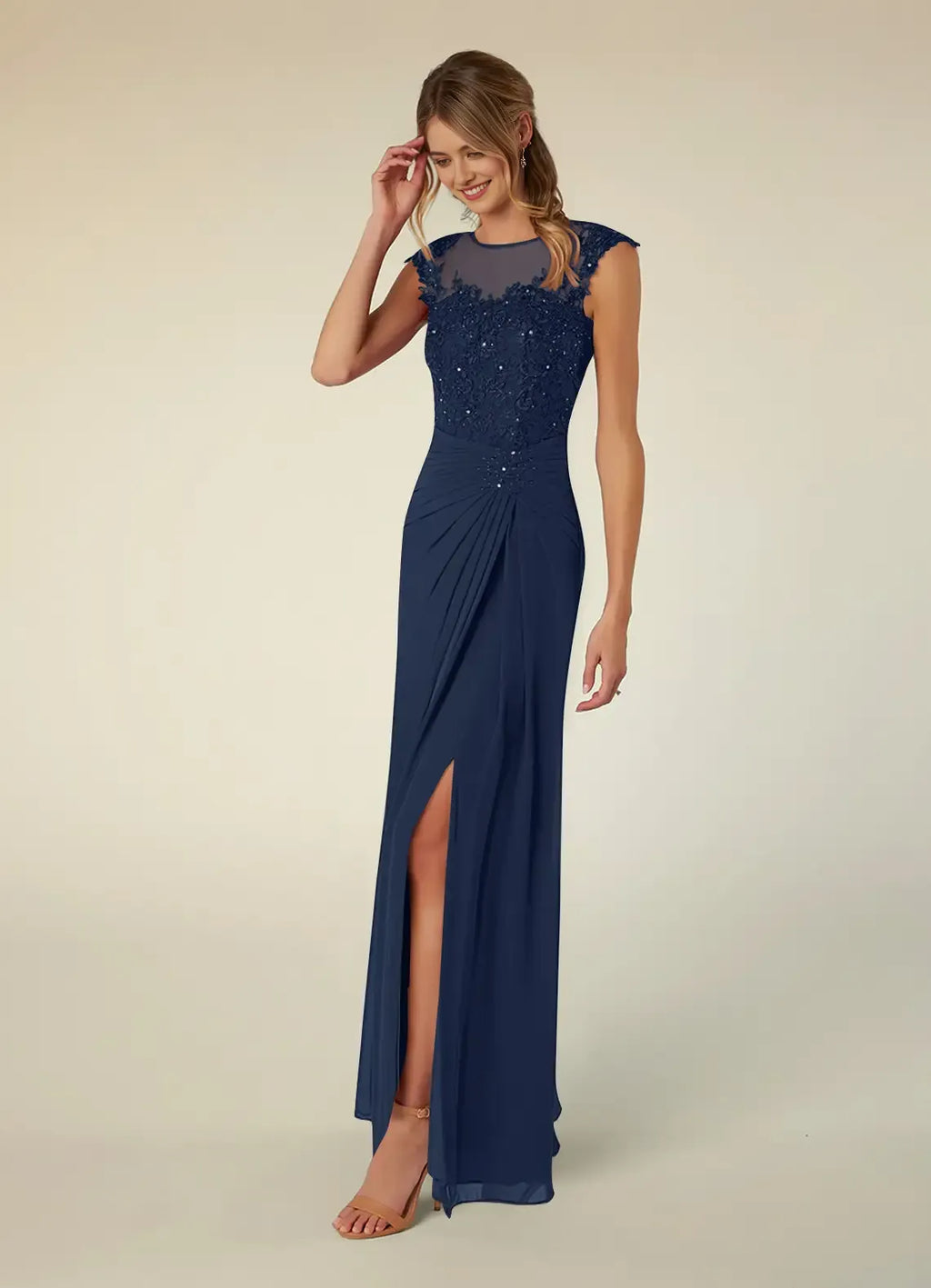 Navy Unique Dark A-Line Scoop Sequins Mother of the Bride Gown with Illusion Bodice, Embellishments Cap Sleeves Asymmetric Draped Accents Sophisticated High Slit Skirt