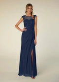 Navy Unique Dark A-Line Scoop Sequins Mother of the Bride Gown with Illusion Bodice, Embellishments Cap Sleeves Asymmetric Draped Accents Sophisticated High Slit Skirt