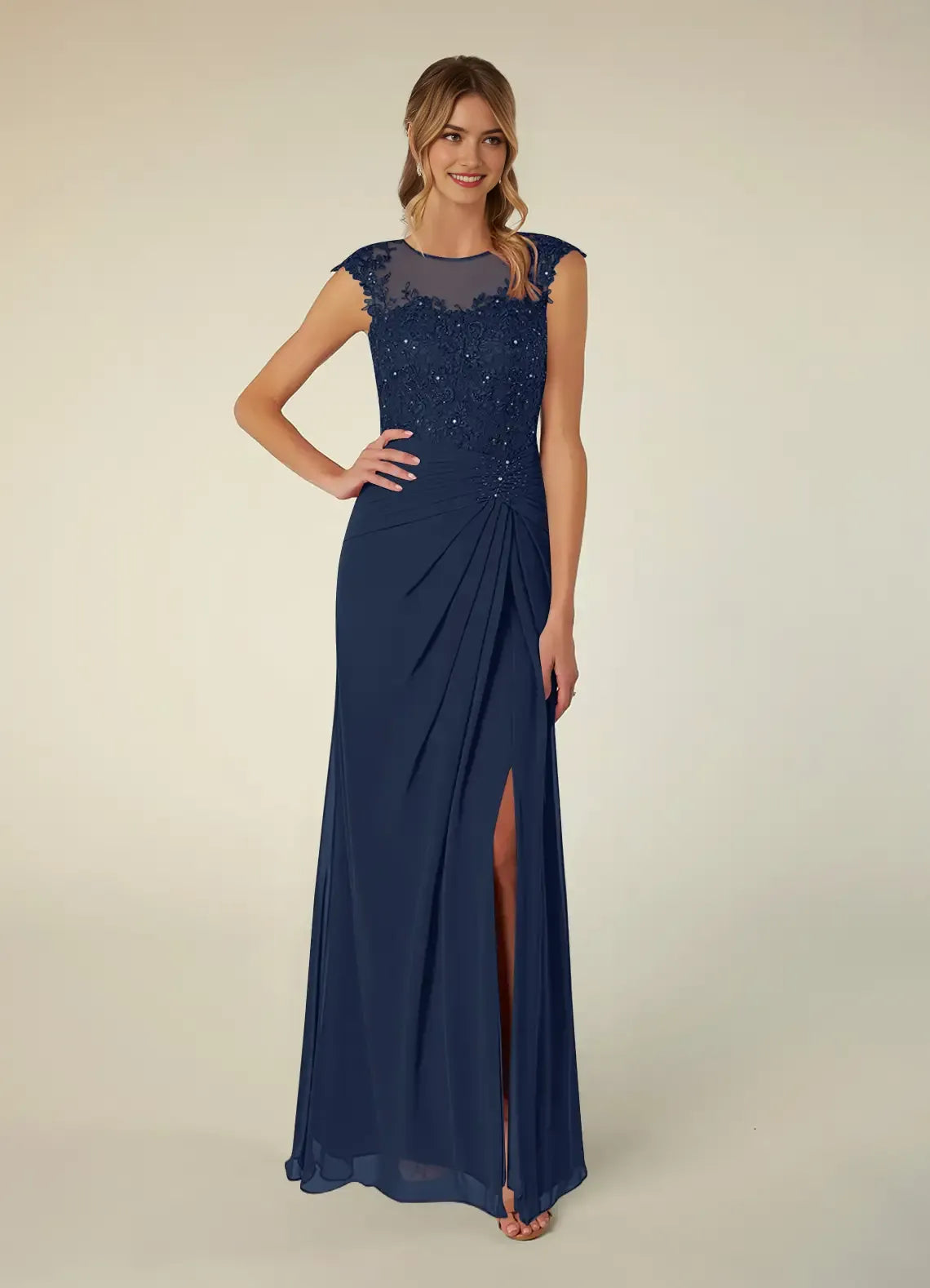 Navy Unique Dark A-Line Scoop Sequins Mother of the Bride Gown with Illusion Bodice, Embellishments Cap Sleeves Asymmetric Draped Accents Sophisticated High Slit Skirt