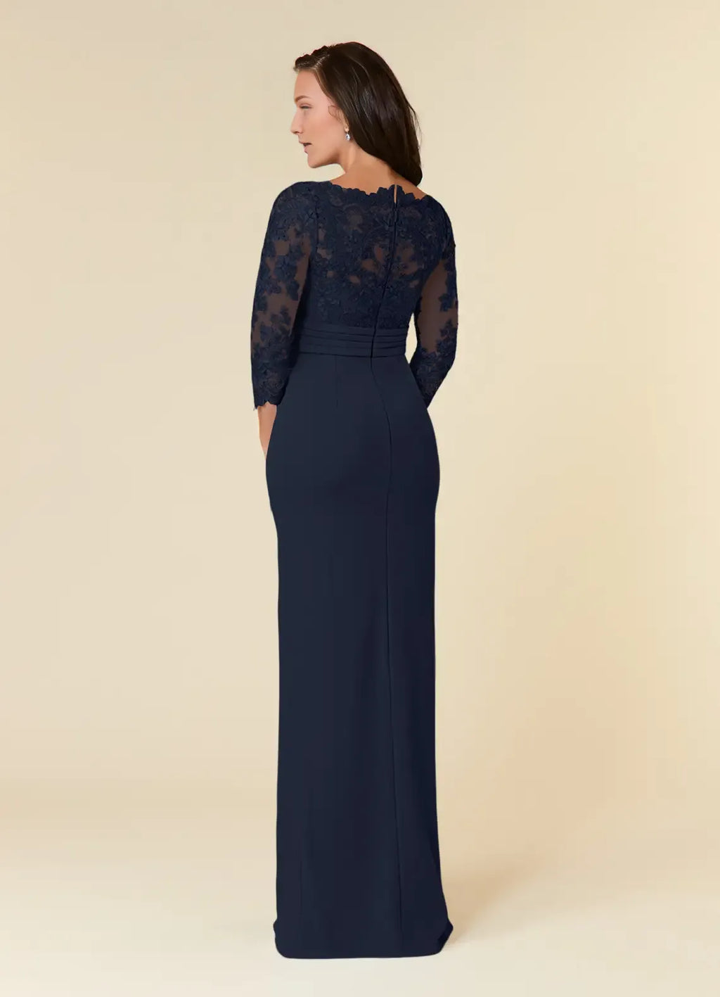 Navy Unique Dark Mermaid Mother of the Bride Sheath with Scalloped Bodice3/4 Sheer Sleeves Pleated Waistband