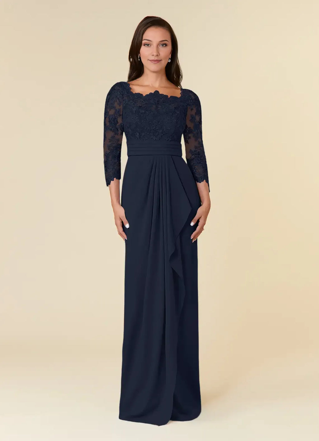 Navy Unique Dark Mermaid Mother of the Bride Sheath with Scalloped Bodice3/4 Sheer Sleeves Pleated Waistband