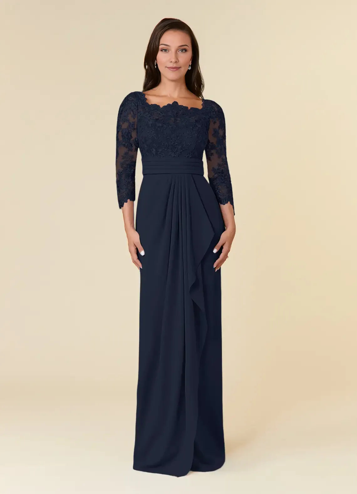 Navy Unique Dark Mermaid Mother of the Bride Sheath with Scalloped Bodice3/4 Sheer Sleeves Pleated Waistband