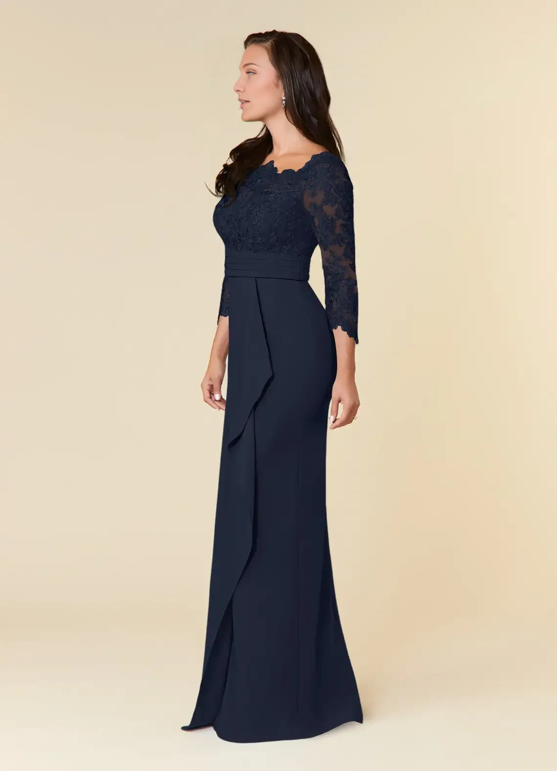 Navy Unique Dark Mermaid Mother of the Bride Sheath with Scalloped Bodice3/4 Sheer Sleeves Pleated Waistband
