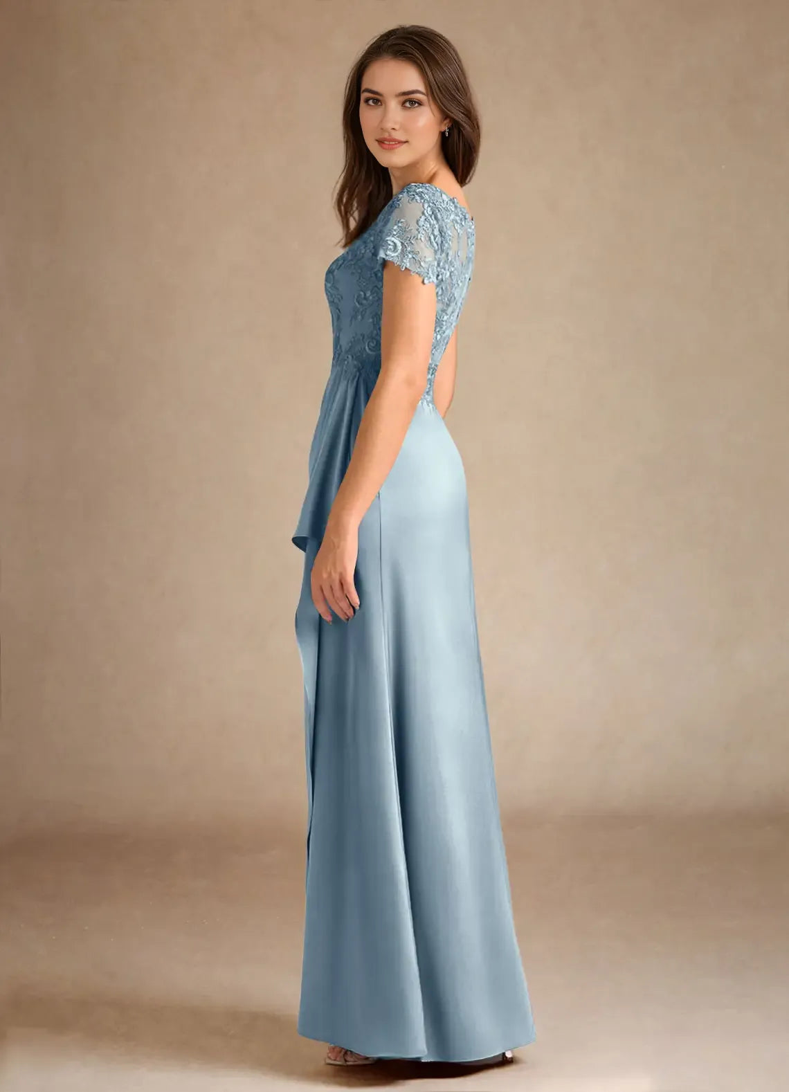 Blue UniqueDusty A-Line Mother of the Bride Dresses Sophisticated V - Neckline Sheer Short Sleeves Draped Ruched Detailing