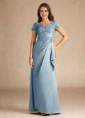 Blue UniqueDusty A-Line Mother of the Bride Dresses Sophisticated V - Neckline Sheer Short Sleeves Draped Ruched Detailing