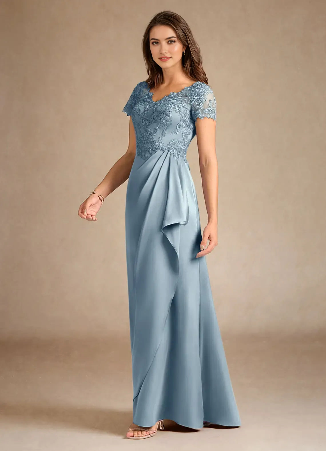 Blue UniqueDusty A-Line Mother of the Bride Dresses Sophisticated V - Neckline Sheer Short Sleeves Draped Ruched Detailing