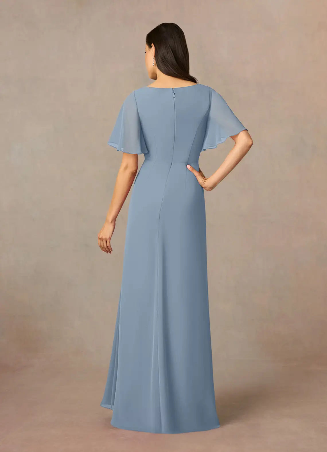 Blue Unique Dusty Sheath Mother of the Bride Dresses Sophisticated Boat Neckline Sheer Short Sleeves Sparkling Accent