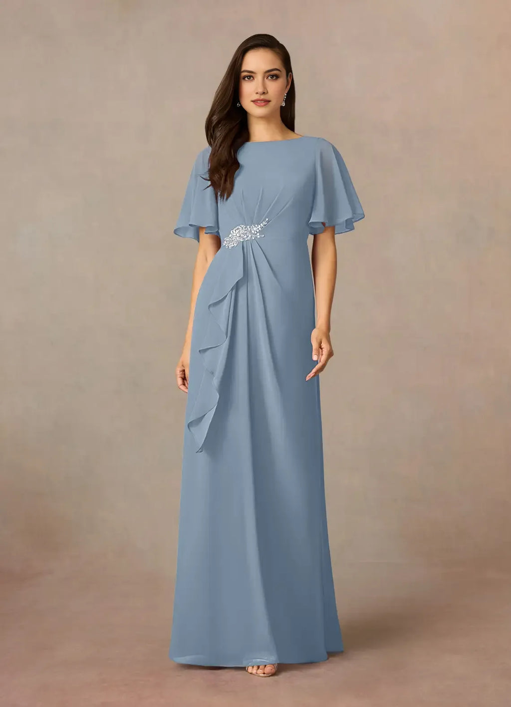 Blue Unique Dusty Sheath Mother of the Bride Dresses Sophisticated Boat Neckline Sheer Short Sleeves Sparkling Accent