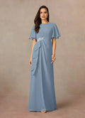 Blue Unique Dusty Sheath Mother of the Bride Dresses Sophisticated Boat Neckline Sheer Short Sleeves Sparkling Accent